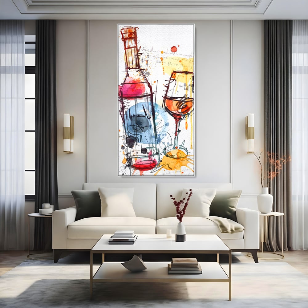 Tablou canvas cu tablou canvas cu sticla si pahar de vin, in rama de aluminiu argintiu, pe perete intr-un living